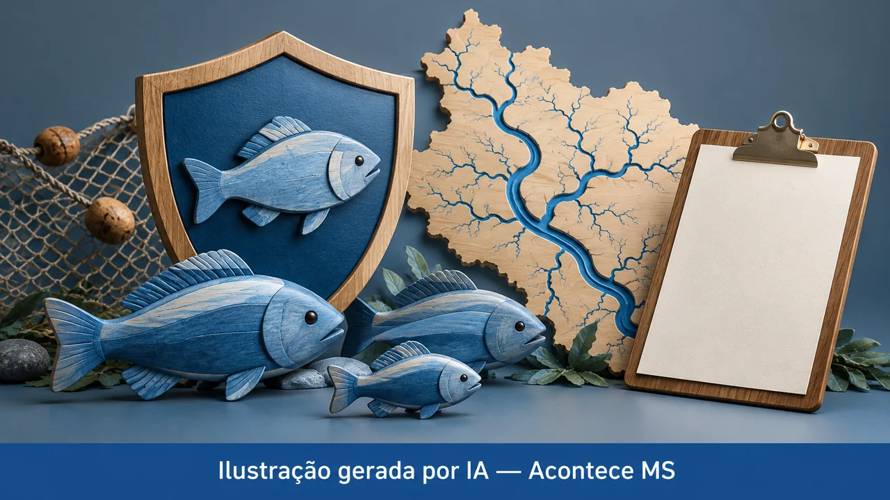 Miniaturas artísticas de peixes de madeira, linhas abstratas de rios e prancheta sobre mesa. Ilustração gerada por IA — Acontece MS; não é fotografia do fato.