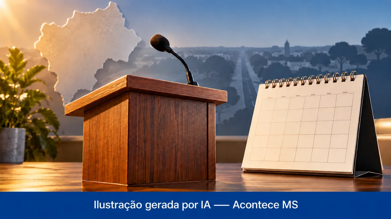 Púlpito e microfone ao lado de calendário sem datas, em composição simbólica. Ilustração gerada por IA — Acontece MS; não é fotografia do fato.