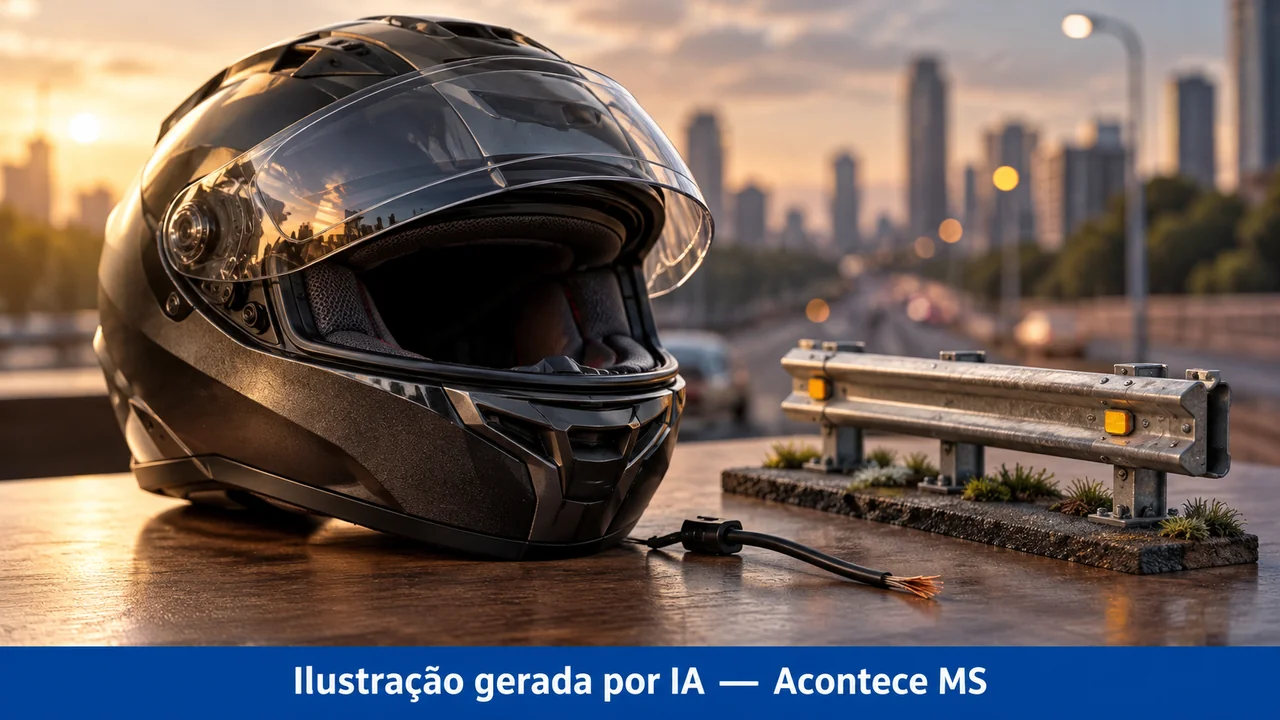 Capacete, fio e barreira em miniatura em ilustração de segurança viária. Ilustração gerada por IA — Acontece MS; não é fotografia do fato.
