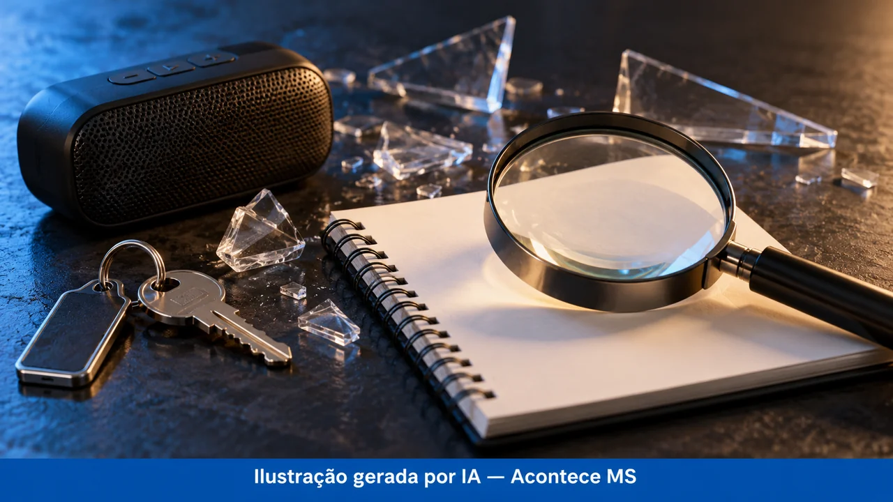 Caixa de som, chaves, acrílico e lupa simbolizam apuração de danos a estabelecimento, sem retratar o local real. Ilustração gerada por IA — Acontece MS; não é fotografia do fato.