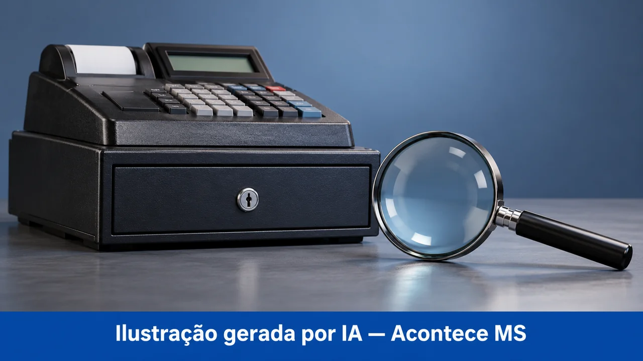 Objetos em miniatura e documentos em ilustração conceitual de investigação e proteção. Ilustração gerada por IA — Acontece MS; não é fotografia do fato.