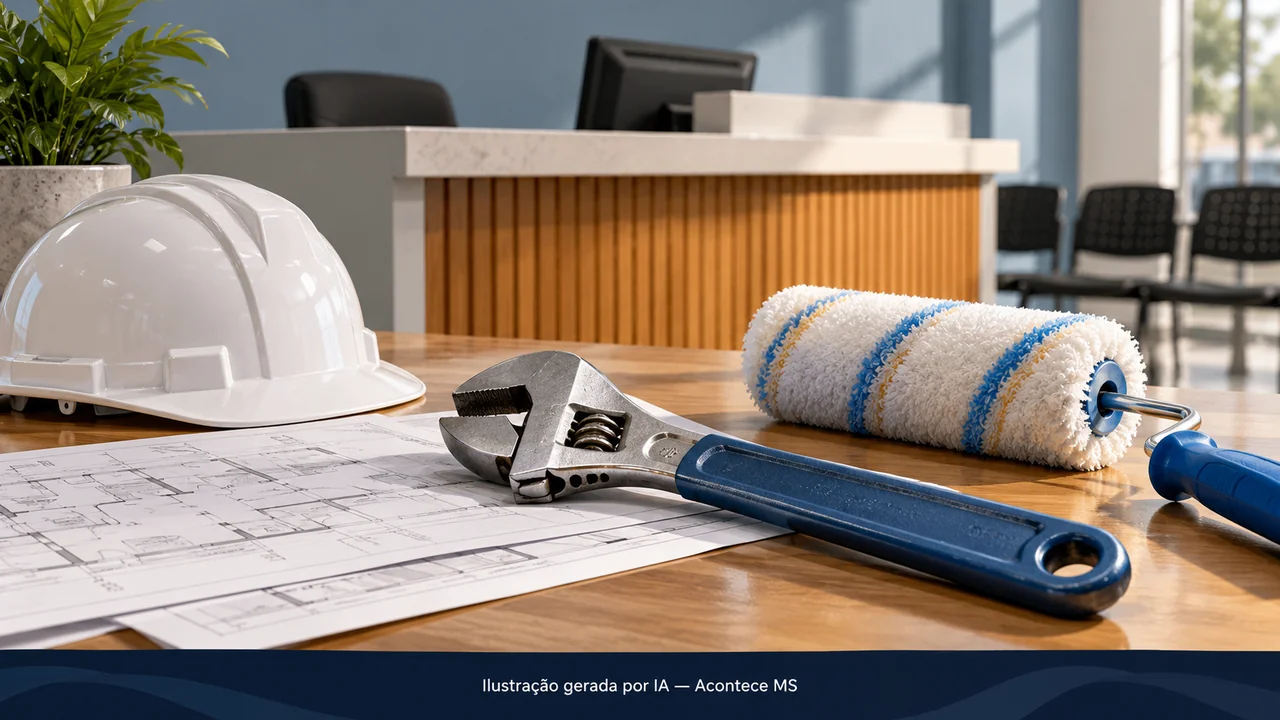 Maquete ilustrativa de balcão público com ferramentas de manutenção. Ilustração gerada por IA — Acontece MS; não é fotografia do fato.