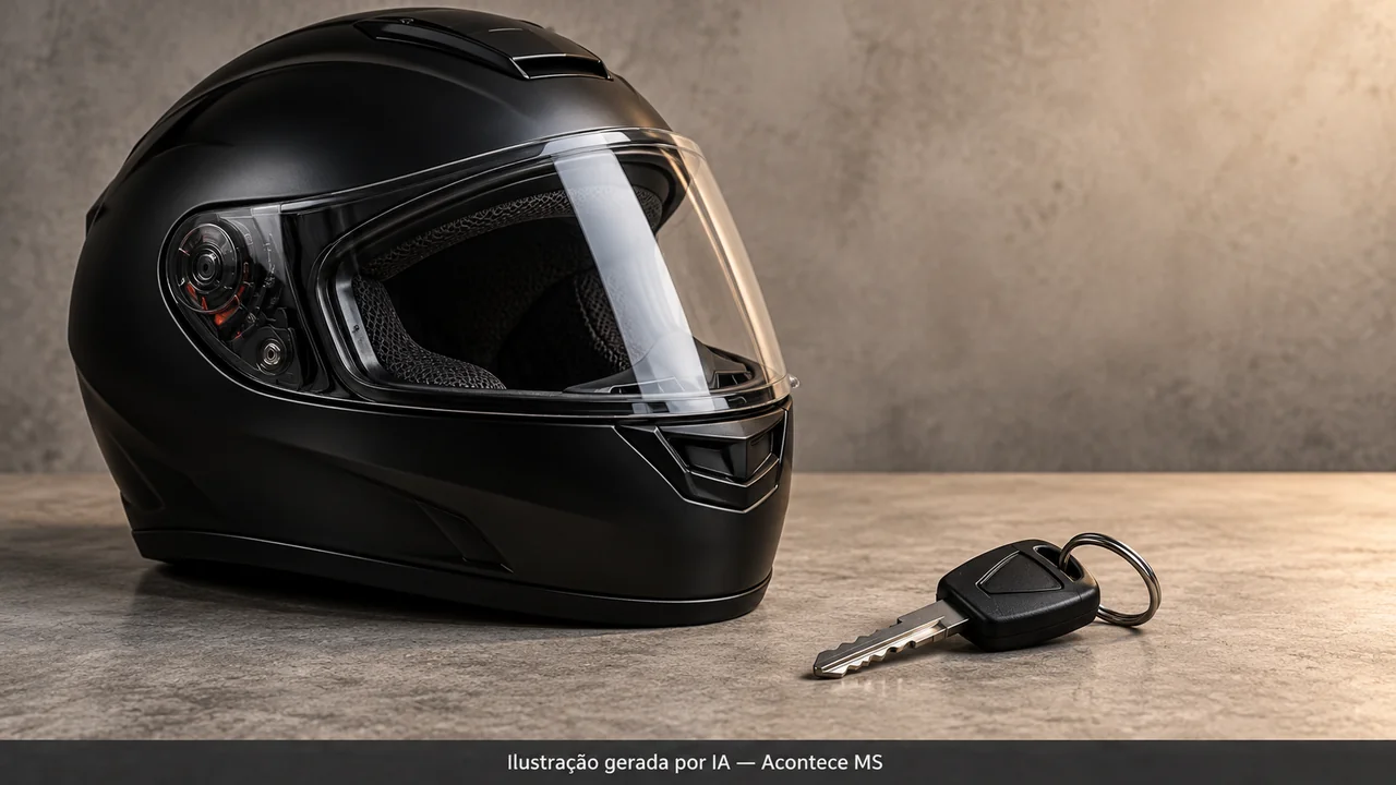 Capacete e chave de motocicleta em composição ilustrativa de estúdio. Ilustração gerada por IA — Acontece MS; não é fotografia do fato.