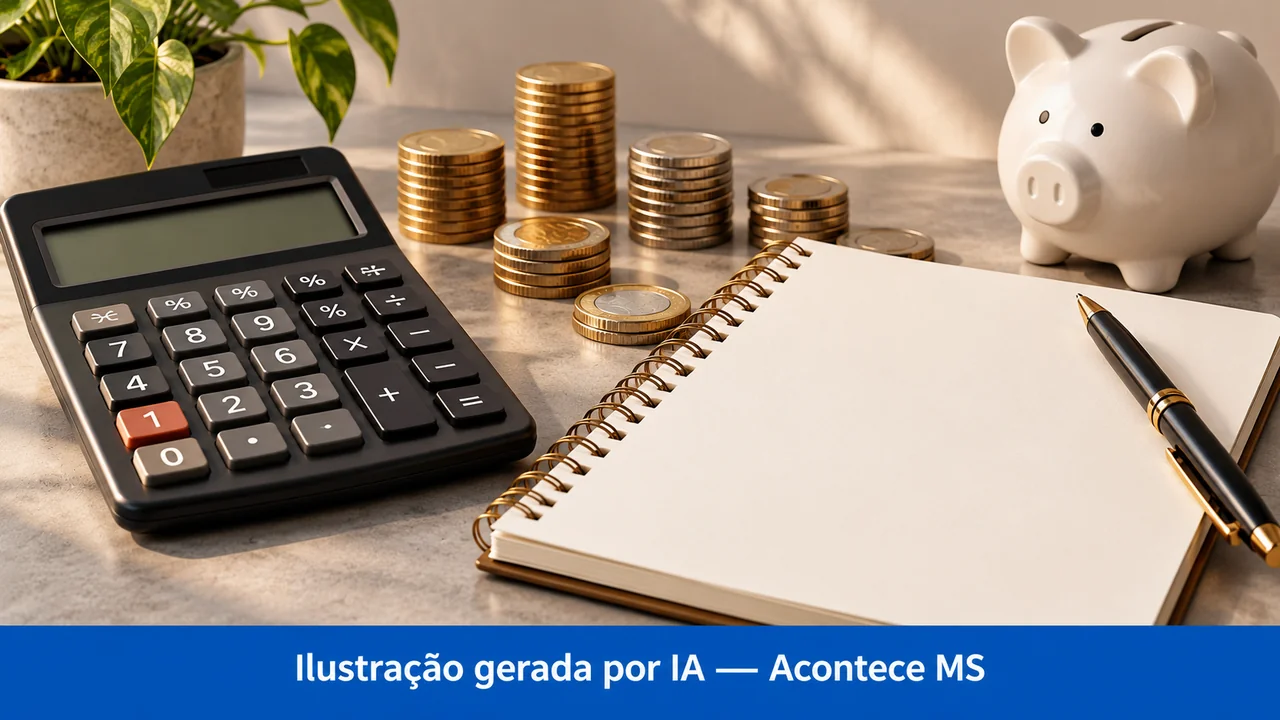 Calculadora, moedas e caderno em branco simbolizam análise de renegociação, sem prometer condições financeiras. Ilustração gerada por IA — Acontece MS; não é fotografia do fato.