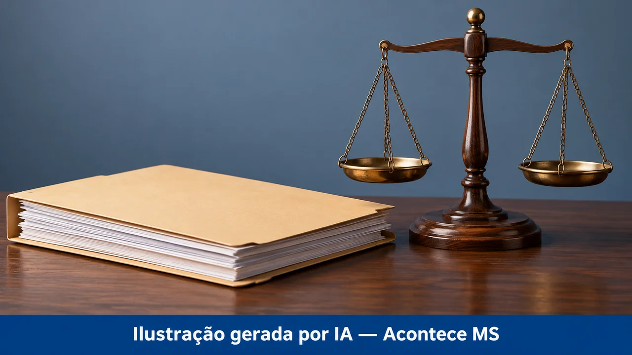 Pasta de documentos e balança de madeira sobre mesa em composição simbólica. Ilustração gerada por IA — Acontece MS; não é fotografia do fato.
