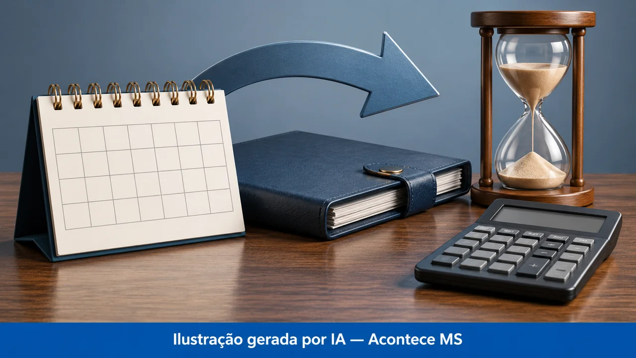 Calendário, pasta e calculadora em composição simbólica. Ilustração gerada por IA — Acontece MS; não é fotografia do fato.