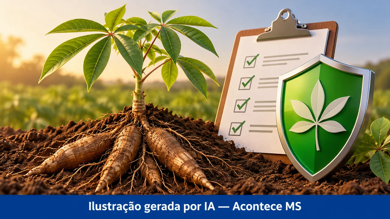 Muda e raízes genéricas de mandioca, prancheta e escudo simbolizam prevenção sanitária, sem representar infestação. Ilustração gerada por IA — Acontece MS; não é fotografia do fato.