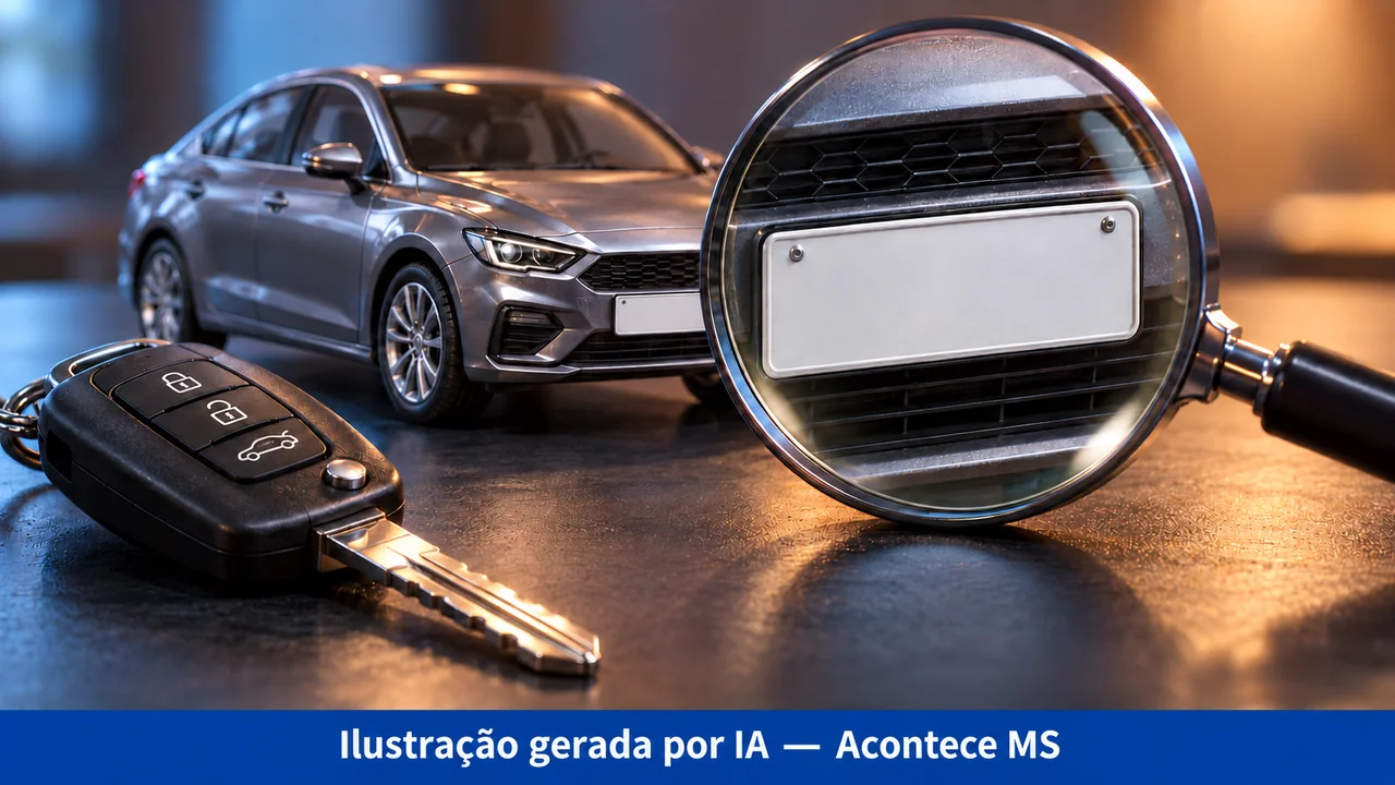 Chave de automóvel, carro em miniatura e lupa sobre placa sem identificação. Ilustração gerada por IA — Acontece MS; não é fotografia do fato.