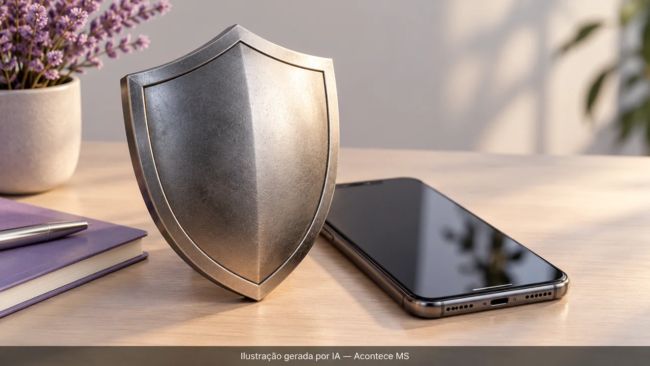 Escudo e telefone em composição ilustrativa sobre proteção contra violência. Ilustração gerada por IA — Acontece MS; não é fotografia do fato.